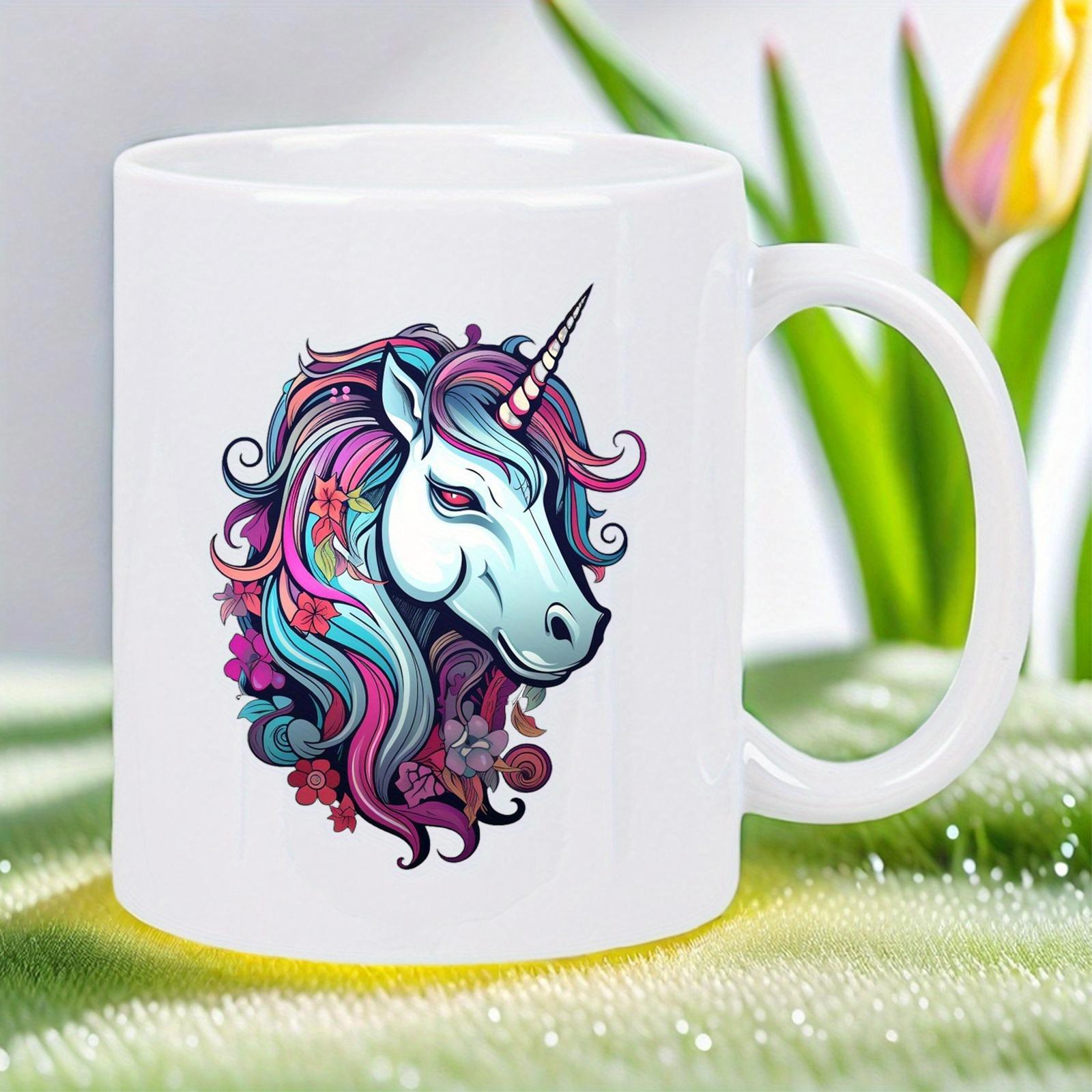 Tailorly White Ceramic 11 oz Mug - Majestic Mythical Creature With Vibrant Flowing Mane And Flowers Unicorn