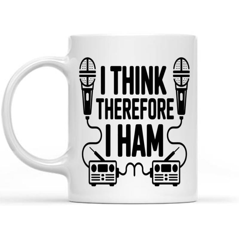 Tailorly White Ceramic 11 oz Mug - I Think Therefore I Ham Symmetric Handheld Microphones Connected To Amateur Radio Transceivers With Antennas Radio