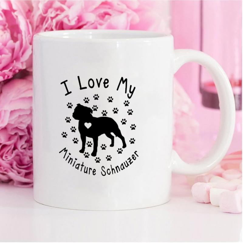 Tailorly White Ceramic 11 oz Mug - I Love My Miniature Schnauzer Solid Black Silhouette Featuring Tiny Paw Prints Surrounding A Small Heart Dog