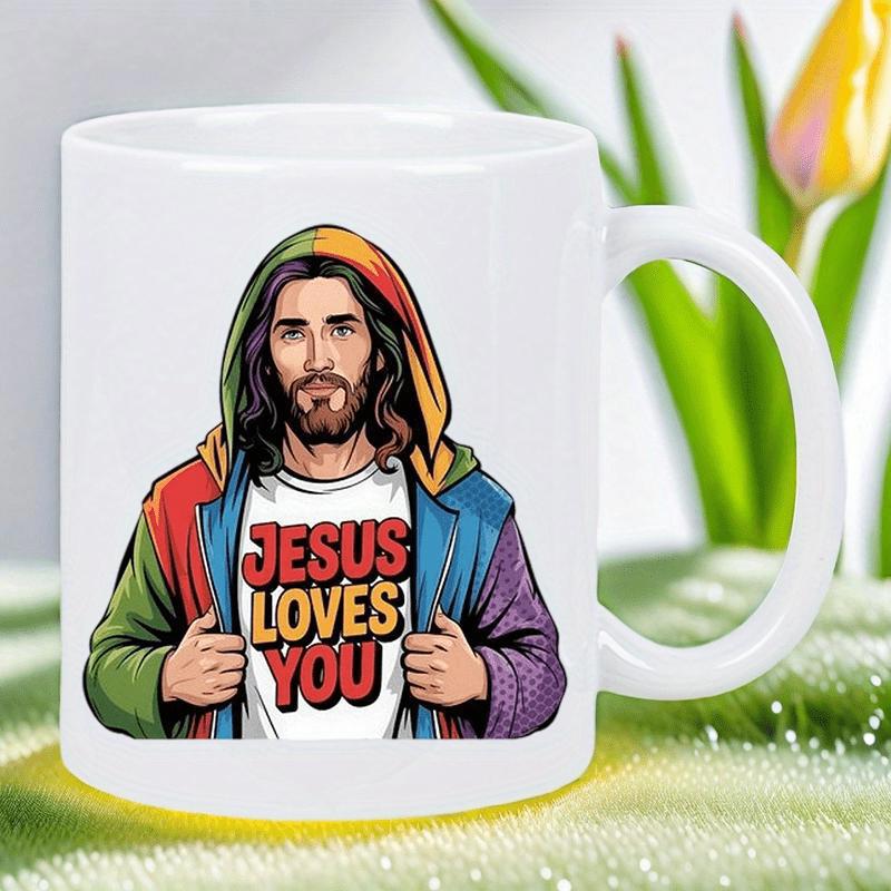 Tailorly White Ceramic 11 oz Mug - Jesus Loves You Modern Religious Character Wearing Vibrant Rainbow Colored Hoodie Jesus