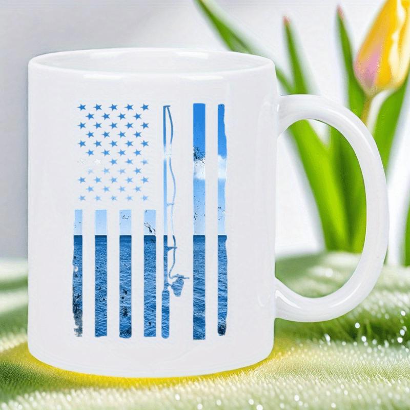 Tailorly White Ceramic 11 oz Mug - Distressed Blue Patriotic American Flag Featuring Fishing Rod Among Ocean Water Stripes Flag