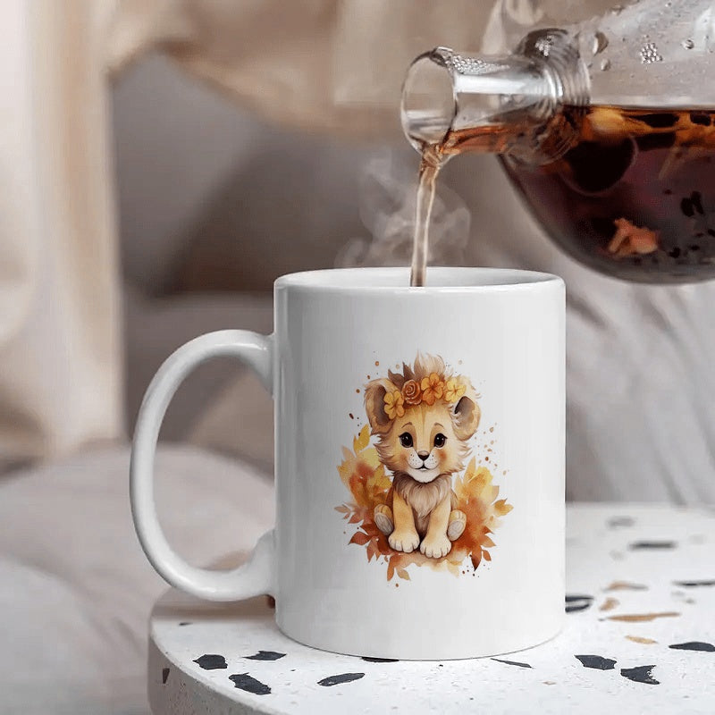 Tailorly White Ceramic 11 oz Mug - Artistic Watercolor Style Baby Lion Cub Wearing Autumn Floral Crown Among Leaves Lion