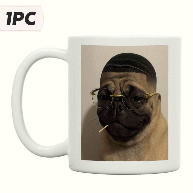 Tailorly White Ceramic 11 oz Mug - Stylish Dog Wearing Vintage Glasses And Dark 360 Waves Haircut With Toothpick Pug