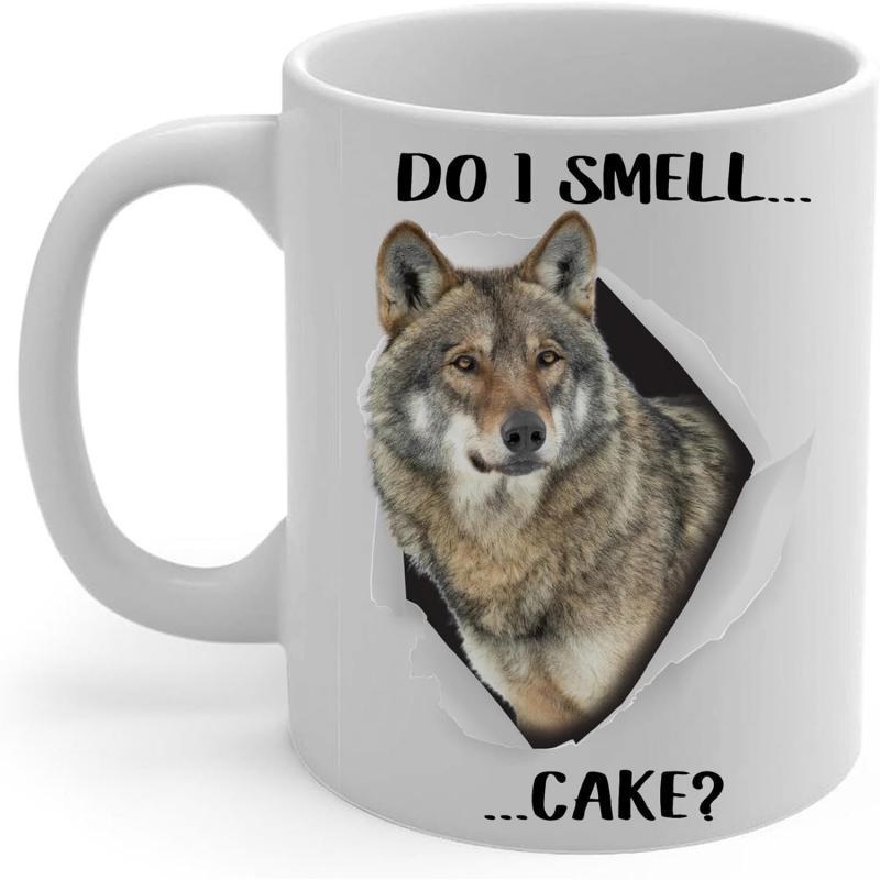 Tailorly White Ceramic 11 oz Mug - Do I Smell Cake Realistic Gray Wolf Peering Through Torn White Paper Hole Wolf