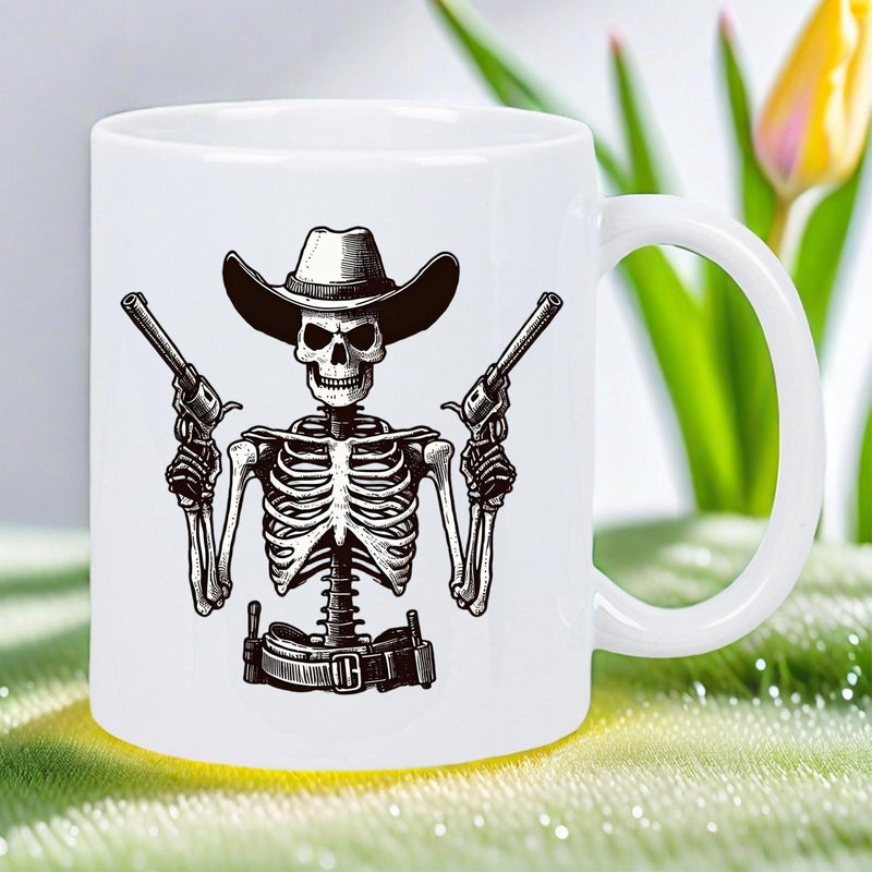 Tailorly White Ceramic 11 oz Mug - Gothic Western Outlaw Wearing Cowboy Hat Holding Dual Revolver Pistols Skeleton