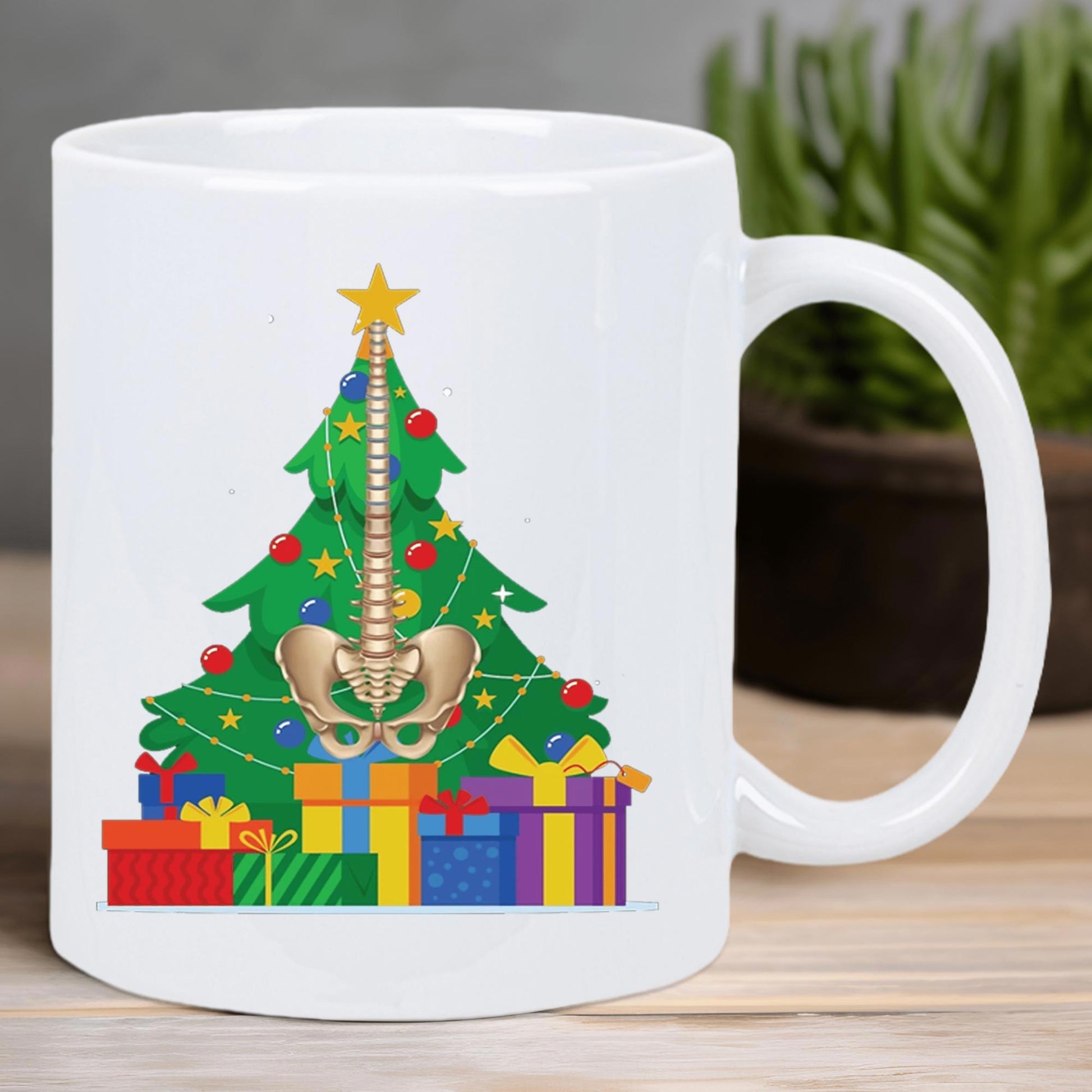 Tailorly White Ceramic 11 oz Mug - Festive Evergreen With Medical Spinal Column And Pelvis Bone Above Colorful Gifts Christmas Tree