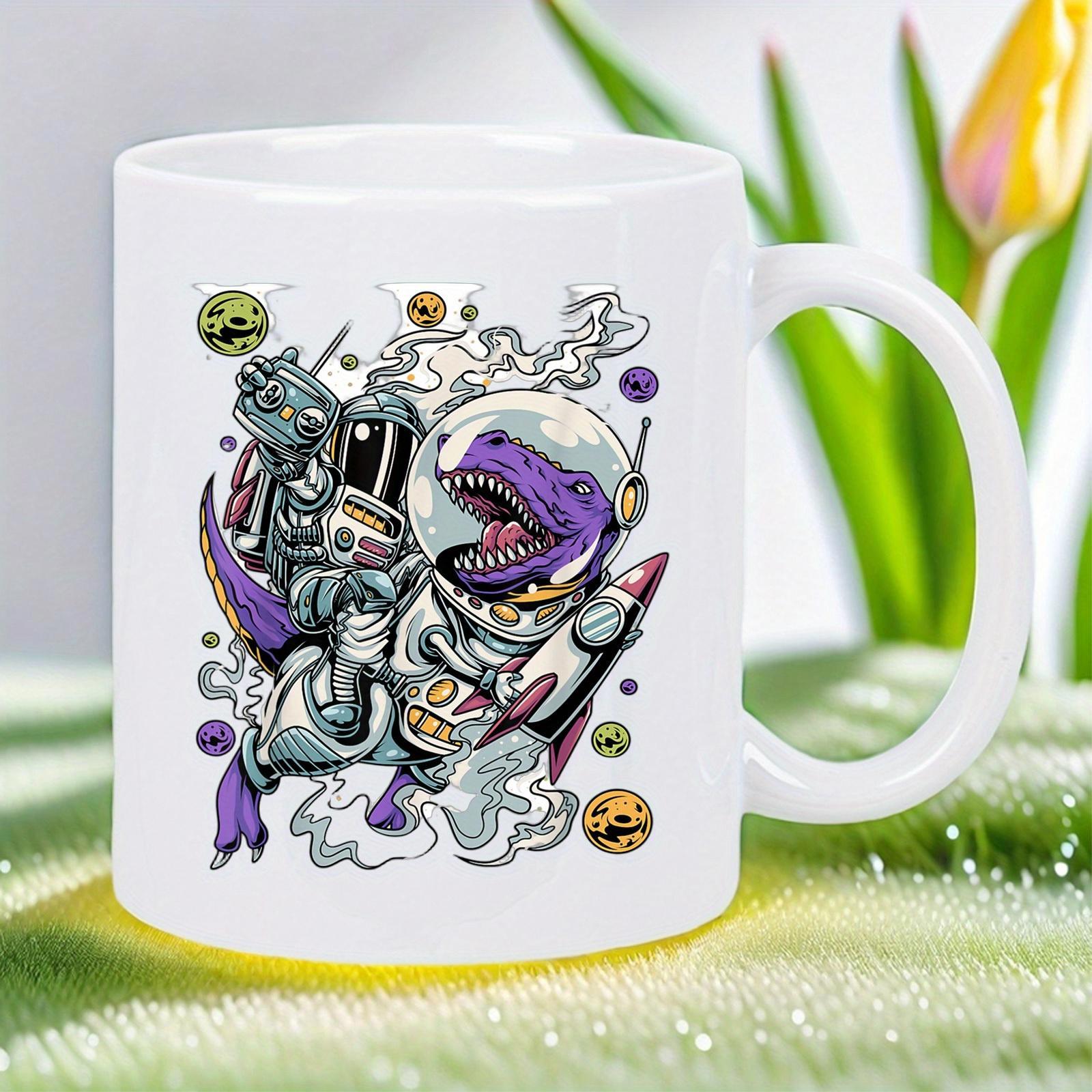 Tailorly White Ceramic 11 oz Mug - Cartoon Purple Astronaut Riding A Rocket Through Space Among Flying Cookies Dinosaur