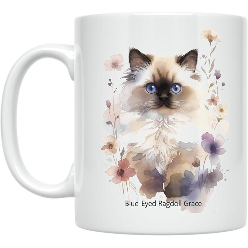 Tailorly White Ceramic 11 oz Mug - Blue Eyed Ragdoll Grace Elegant Watercolor Illustration With Soft Floral Accents And Bright Blue Eyes Cat