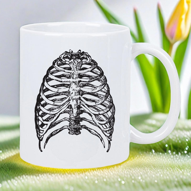 Tailorly White Ceramic 11 oz Mug - Vintage Style Detailed Human Anatomy Skeleton Etching With Intricate Bone Structure Ribcage