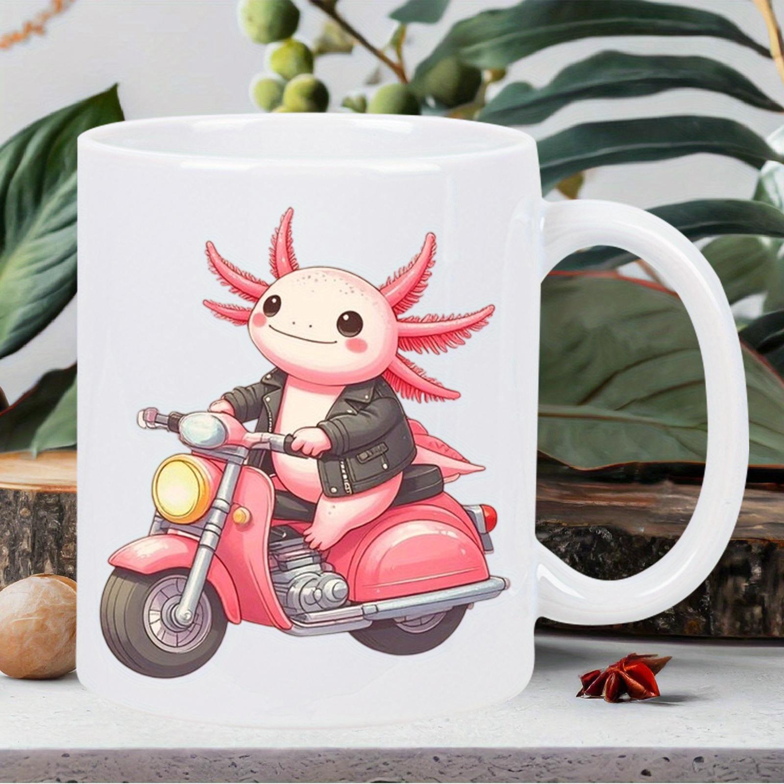 Tailorly White Ceramic 11 oz Mug - Cute Pink Character Wearing Black Leather Jacket Riding Vintage Pink Scooter Axolotl