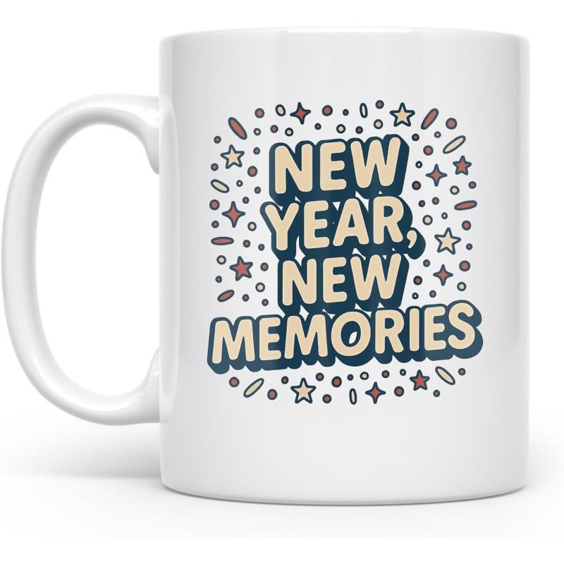 Tailorly White Ceramic 11 oz Mug - New Year New Memories Festive Retro Letters Surrounded By Sparkling Stars And Dots Art