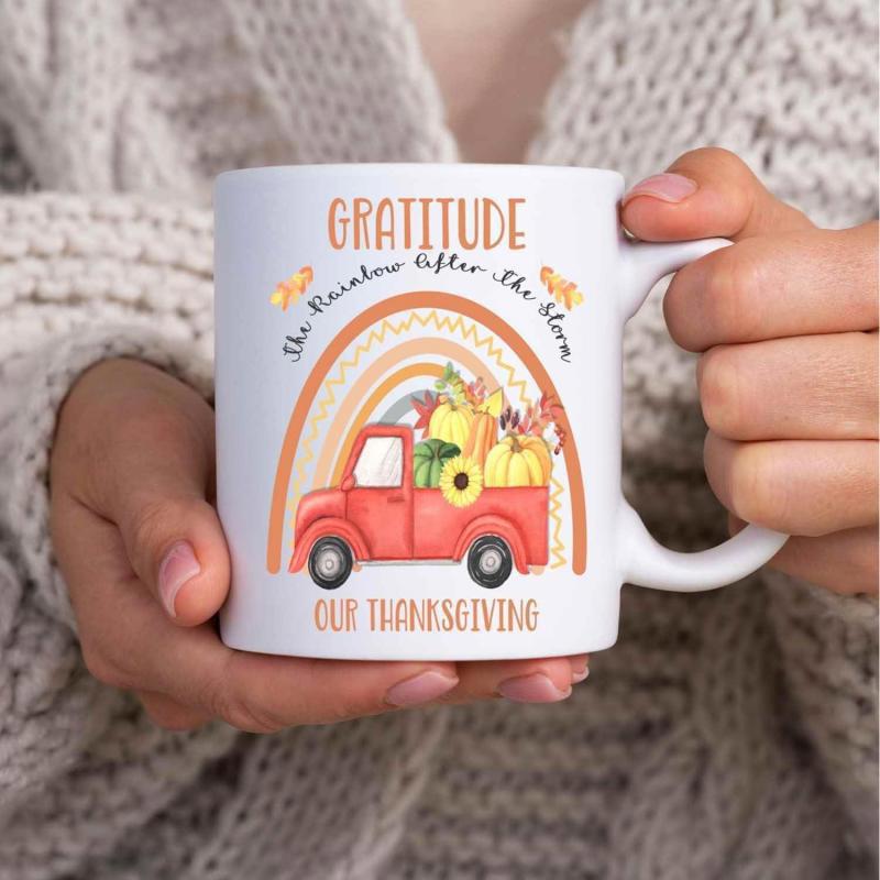 Tailorly White Ceramic 11 oz Mug - Gratitude The Rainbow After The Storm Our Thanksgiving Red Vintage Pickup Carrying Autumn Harvest Sunflowers Under Earthy Toned
