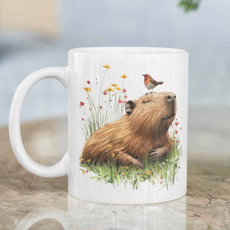 Tailorly White Ceramic 11 oz Mug - Serene Brown Animal Resting In Wildflower Meadow With Small Songbird Capybara