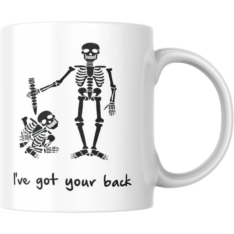 Tailorly White Ceramic 11 oz Mug - I've Got Your Back Humorous Standing Illustration Holding A Spinal Rib Cage Bone Skeleton