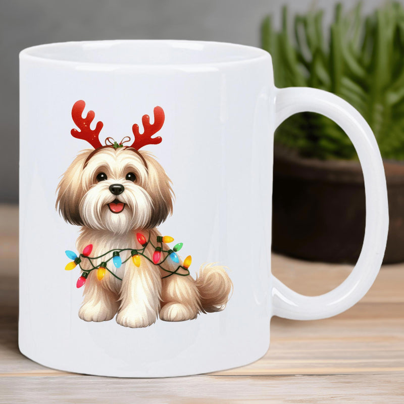Tailorly White Ceramic 11 oz Mug - Adorable Fluffy Puppy Wearing Festive Reindeer Antlers And Colorful Holiday Lights Dog