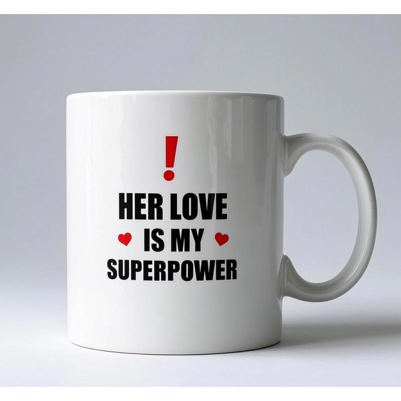Tailorly White Ceramic 11 oz Mug - Her Love Is My Superpower Bold Black Text With Red Hearts And Large Punctuation Mark Mug