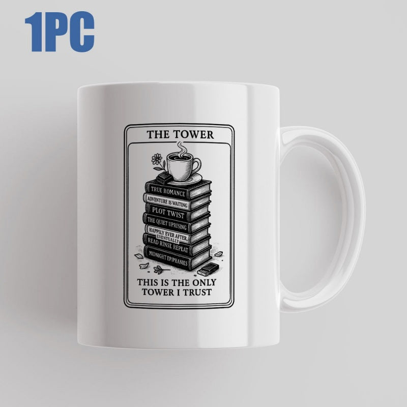 Tailorly White Ceramic 11 oz Mug - The Tower This Is The Only Tower I Trust Vintage Style Stack Of Books Under Steaming Cup Tower