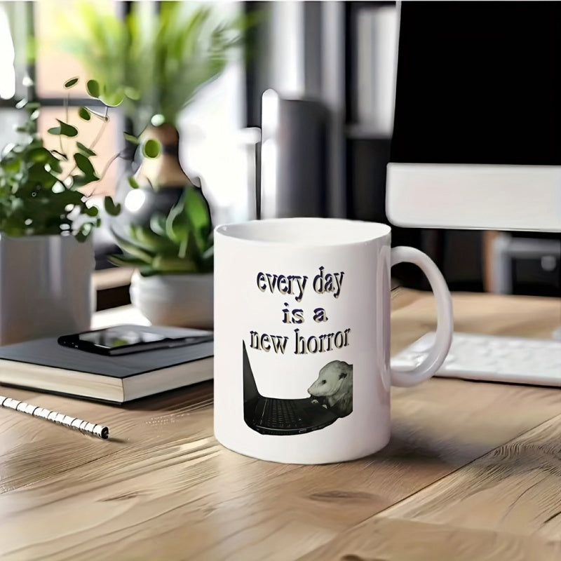 Tailorly White Ceramic 11 oz Mug - Every Day Is A New Horror Small Curious Animal Peeking Behind Laptop Screen On Plain White Surface Possum