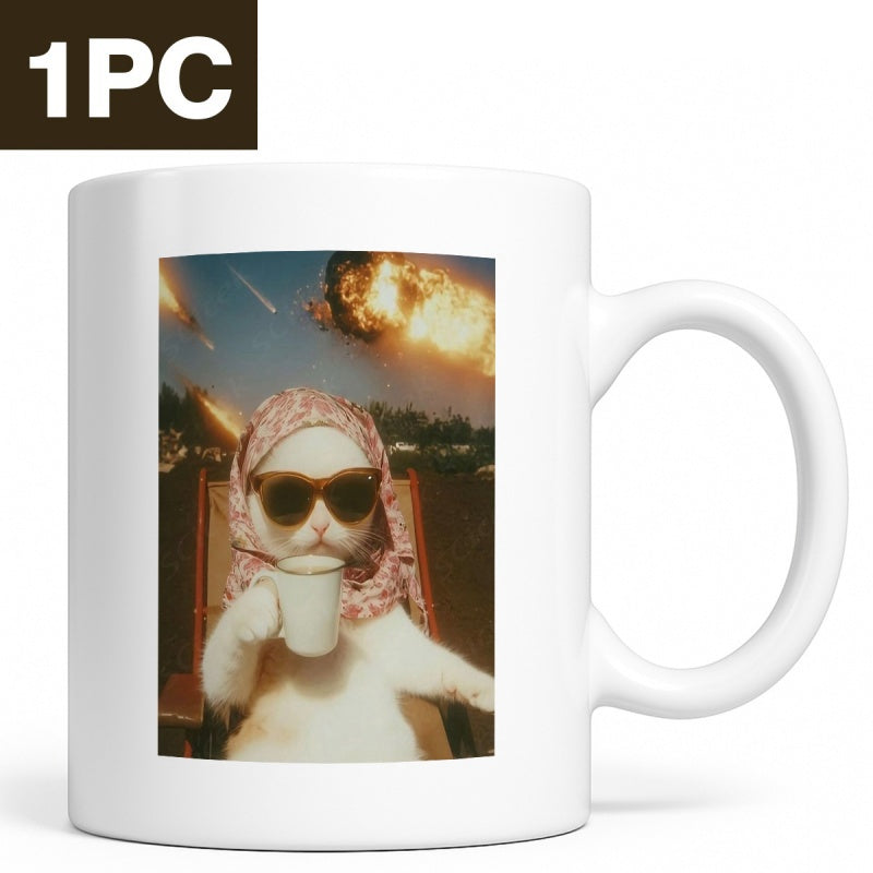Tailorly White Ceramic 11 oz Mug - Funny White Feline Wearing Sunglasses And Scarf Relaxing Amidst Explosive Meteors Cat