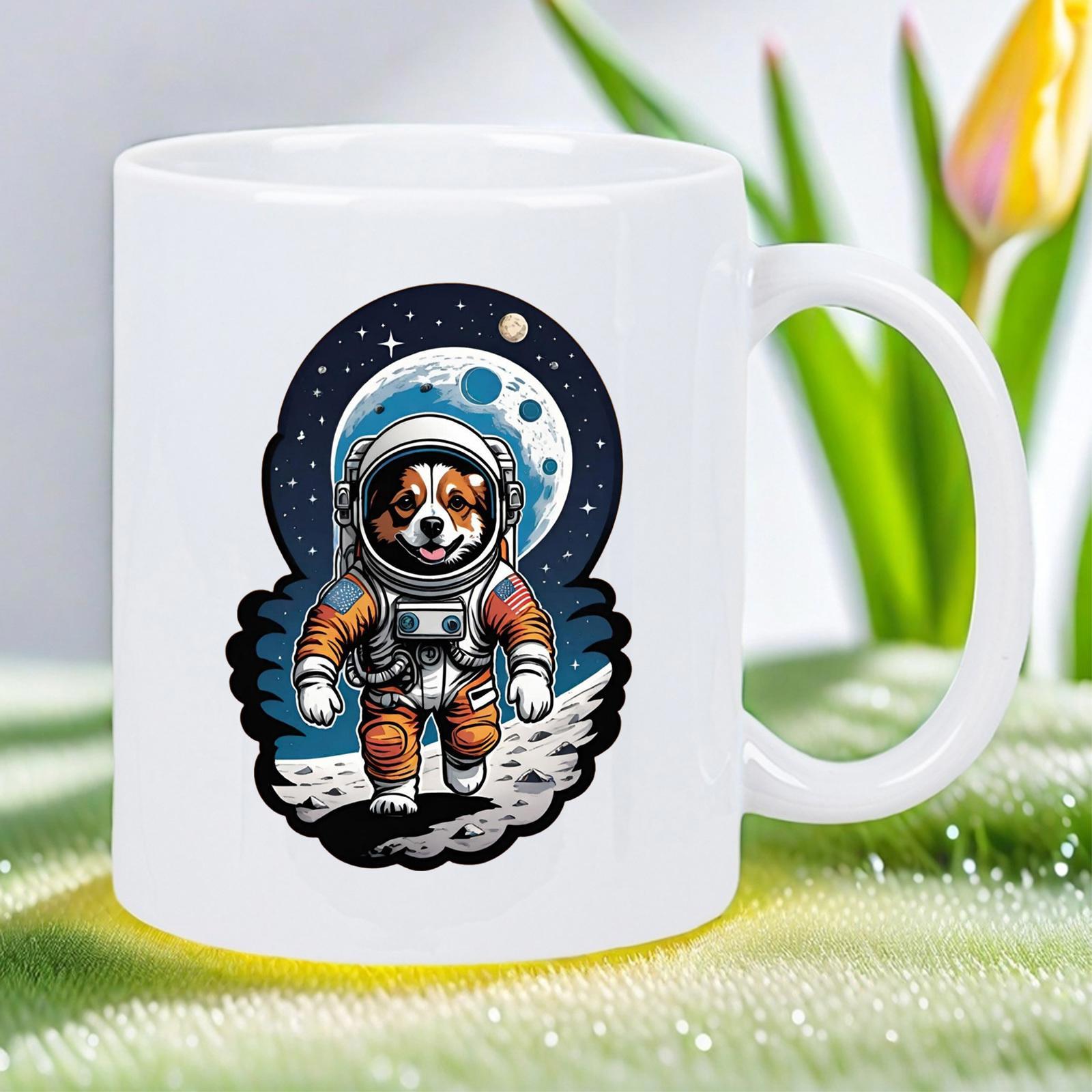 Tailorly White Ceramic 11 oz Mug - Adorable Astronaut Dog Walking On Lunar Surface With Stars And Planets Dog