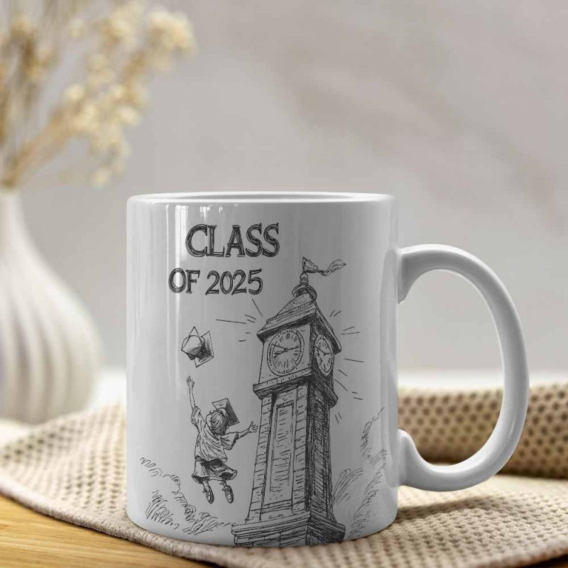 Tailorly White Ceramic 11 oz Mug - Class Of 2025 Happy Student Jumping High Near Tall Historic University Clock Tower Graduate