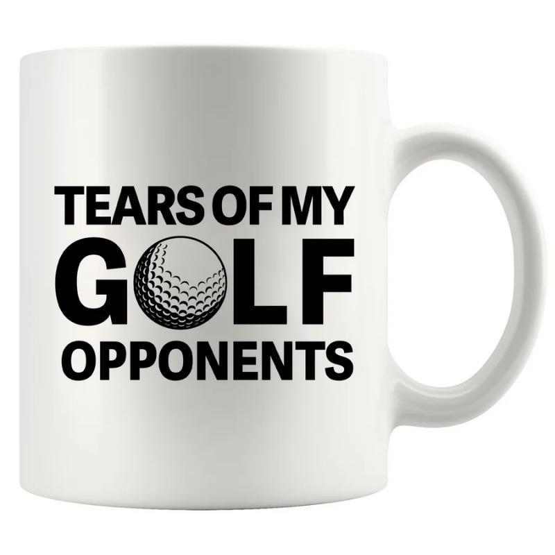 Tailorly White Ceramic 11 oz Mug - Tears Of My Golf Opponents Detailed Dimpled Sphere Centered Between Bold Letters In Athletic Style Golf Ball