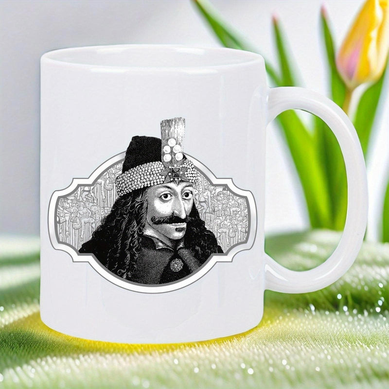 Tailorly White Ceramic 11 oz Mug - Vintage Monochrome Illustration Of Vlad The Impaler Inside An Ornate Frame Portrait