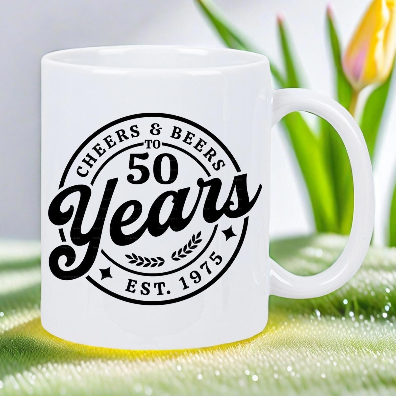Tailorly White Ceramic 11 oz Mug - Cheers Beers To 50 Years Est 1975 Classic Vintage Circular Emblem Featuring Decorative Stars And Elegant Wheat Branches Mug