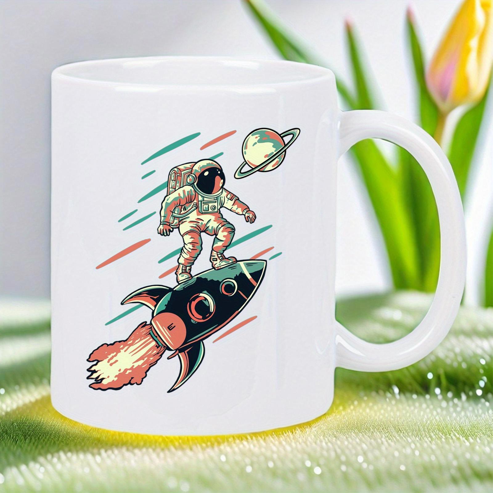 Tailorly White Ceramic 11 oz Mug - Vintage Style Rocket Flying Through Deep Space With Colorful Streaks Astronaut