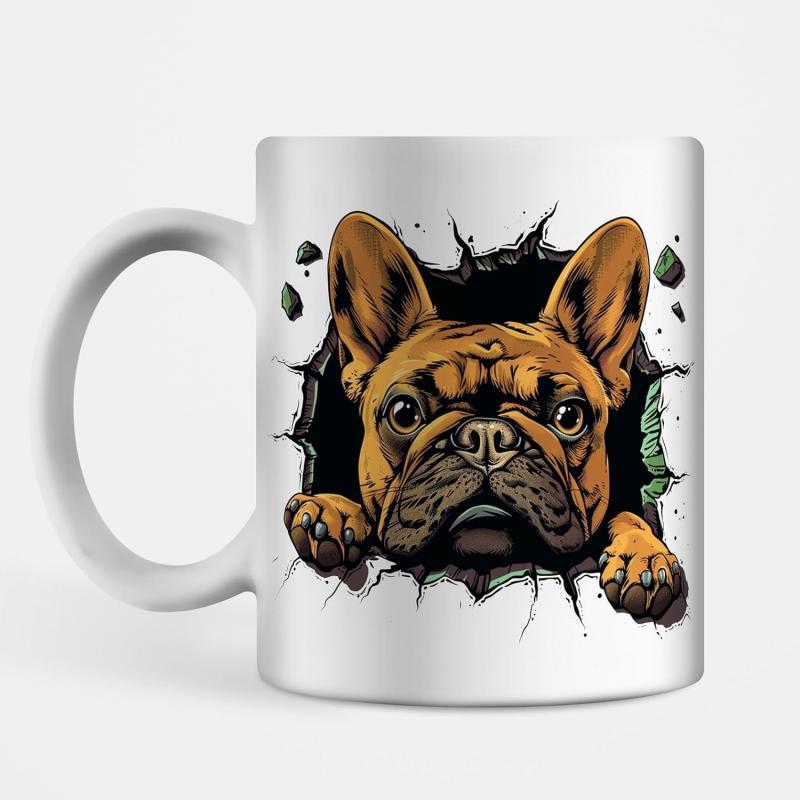 Tailorly White Ceramic 11 oz Mug - Adorable Brown Frenchie Peering Through A Realistic Cracked Dark Wall Bulldog