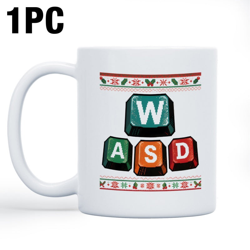 Tailorly White Ceramic 11 oz Mug - WASD Gaming Layout Keys In Retro Festive Pixel Art Style Pattern Mug