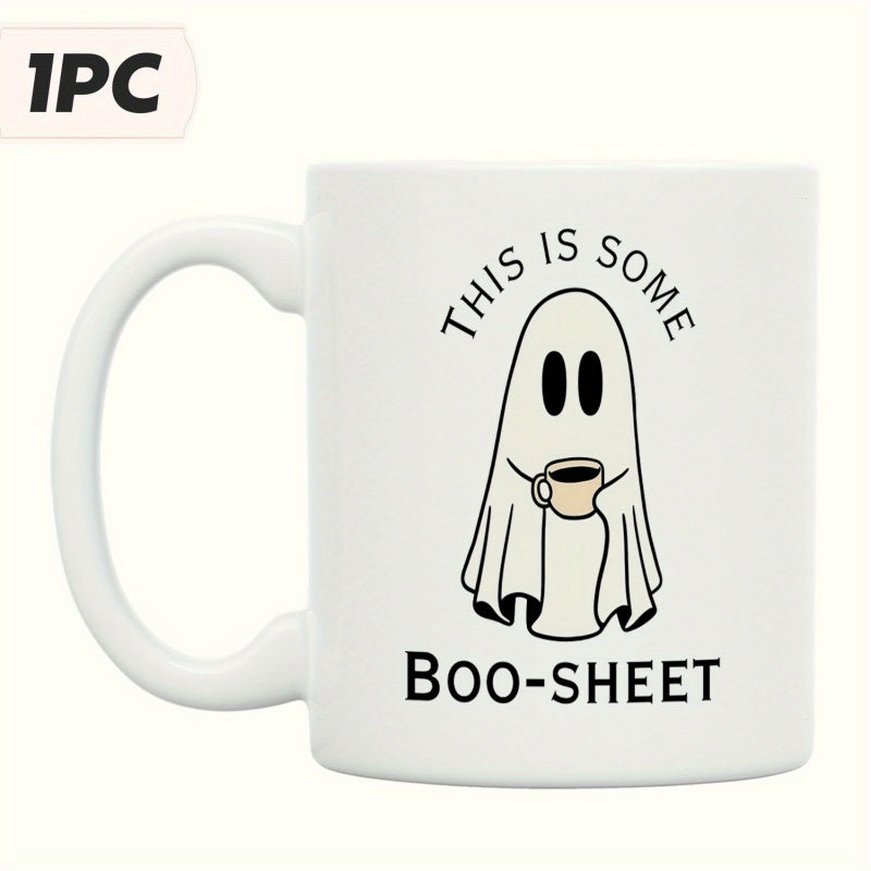 Tailorly White Ceramic 11 oz Mug - This Is Some Boo-Sheet Minimalist Cartoon Ghost Holding A Warm Coffee Cup Halloween Ghost