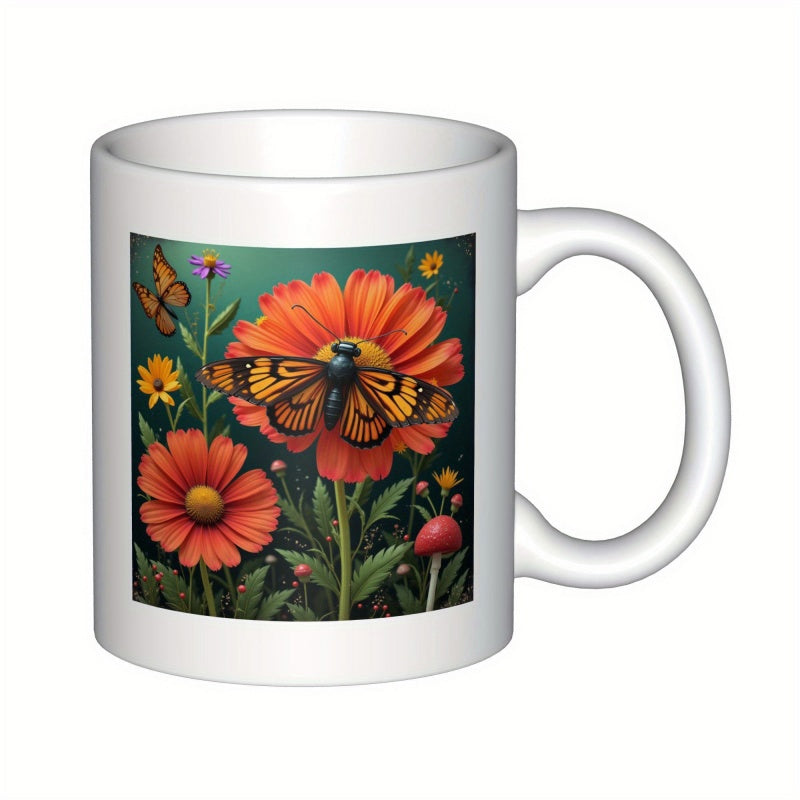 Tailorly White Ceramic 11 oz Mug - Vibrant Blooming Orange Flowers With Resting Monarch Style Graceful Butterfly