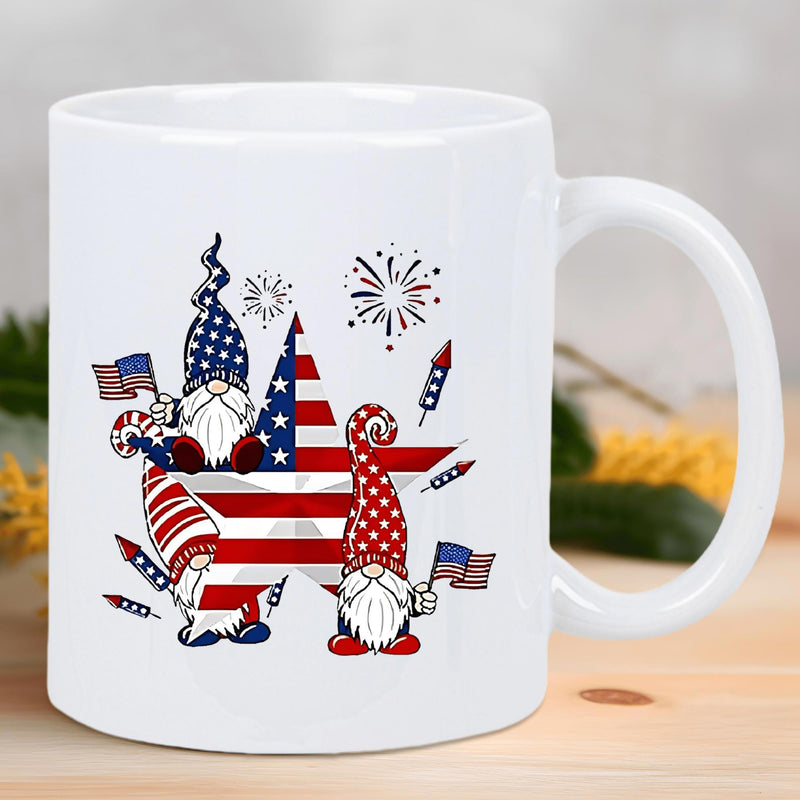 Tailorly White Ceramic 11 oz Mug - Three Patriotic Gnomes Celebrating Independence Day Beside A Large Star Gnome