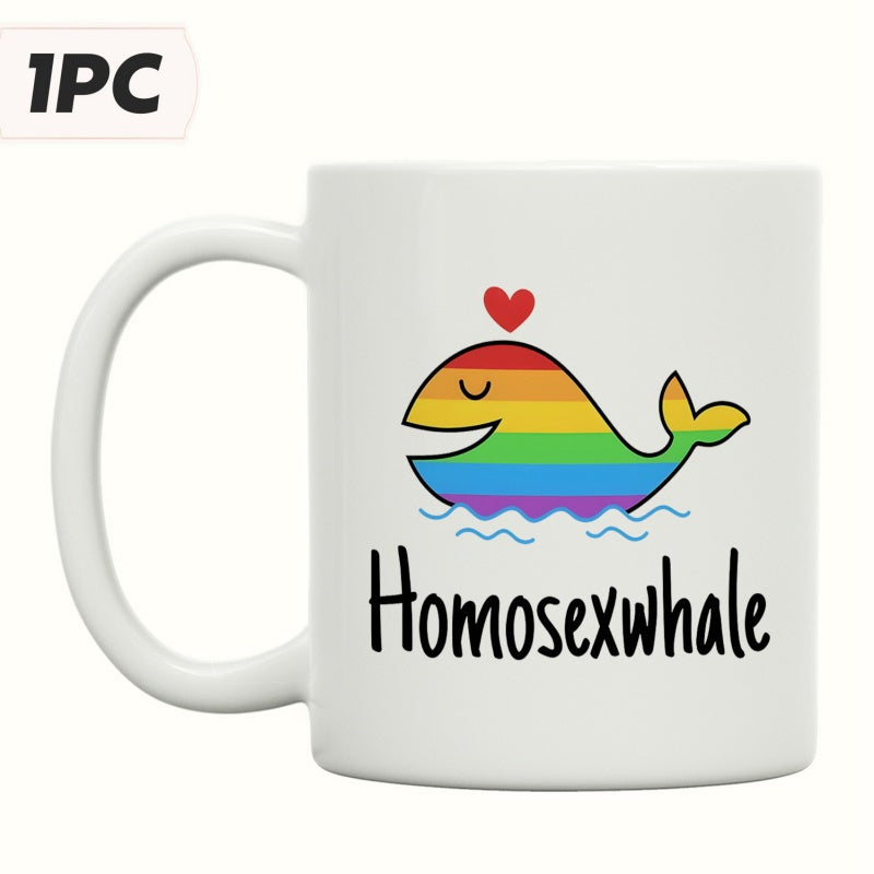 Tailorly White Ceramic 11 oz Mug - Homosexwhale Colorful Rainbow Striped Pride Whale With Red Heart And Tiny Waves Whale