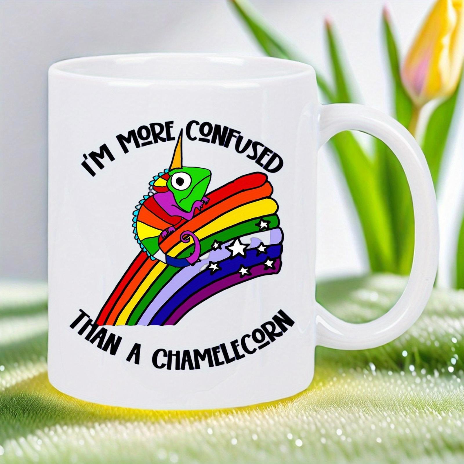 Tailorly White Ceramic 11 oz Mug - Im More Confused Than A Chamelecorn Colorful Chameleon With Unicorn Horn Sliding Down Vibrant Rainbow Trail Chamelecorn
