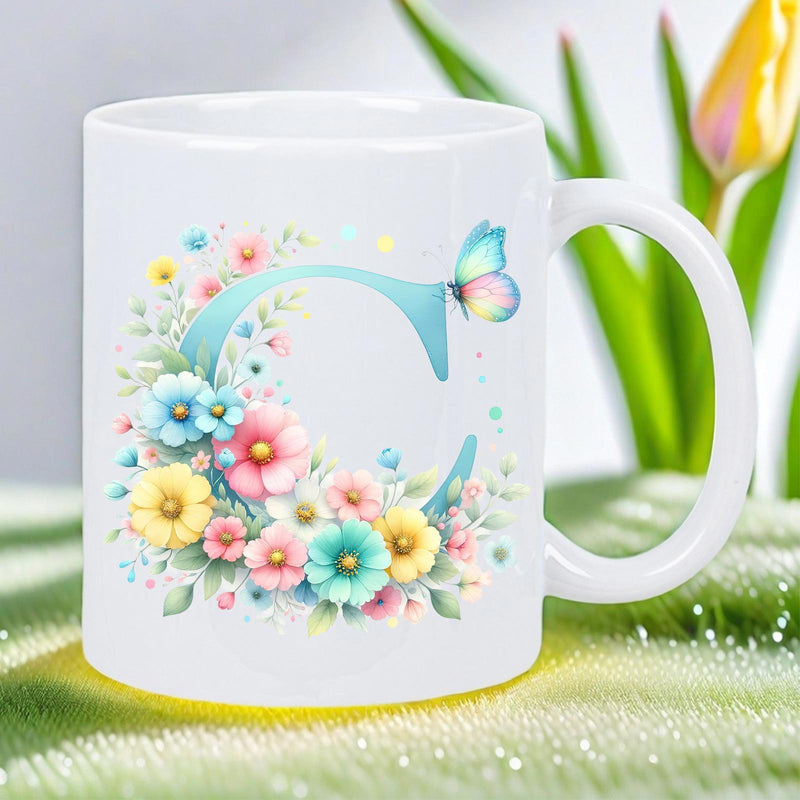 Tailorly White Ceramic 11 oz Mug - C Delicate Pastel Flowers And Butterfly Floating Around A Floral Monogram
