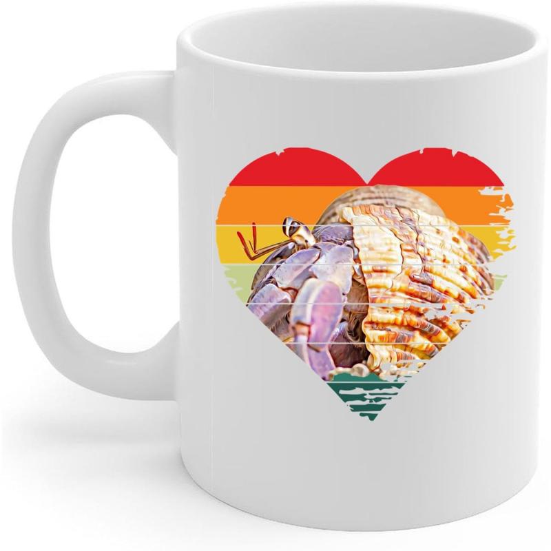 Tailorly White Ceramic 11 oz Mug - Retro Sunset Heart Background With Realistic Sea Creature Coastal Hermit Crab