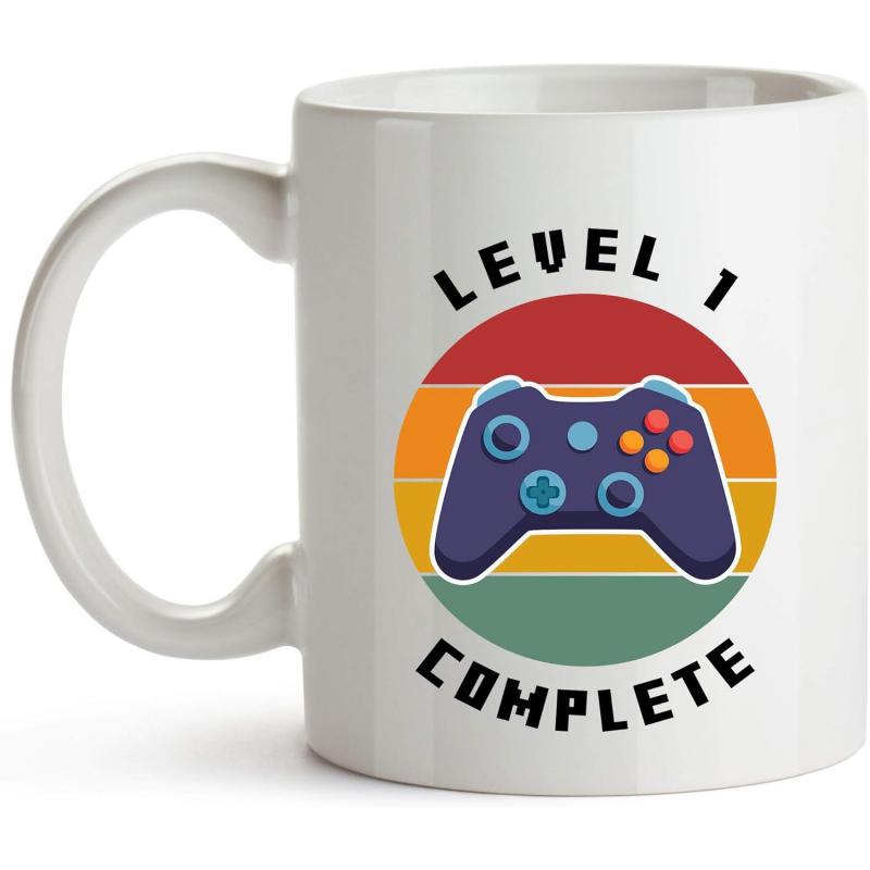 Tailorly White Ceramic 11 oz Mug - Level 1 Complete Colorful Retro Sunset Background With A Classic Modern Game Controller