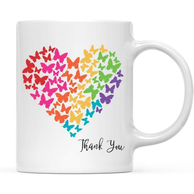 Tailorly White Ceramic 11 oz Mug - Thank You Vibrant Rainbow Butterflies Fluttering Together Forming A Symbolic Gracious Heart