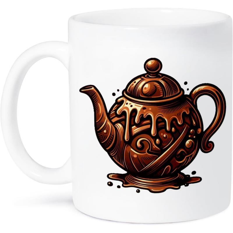 Tailorly White Ceramic 11 oz Mug - Intricate Ornate Chocolate Kettle Design Featuring Liquid Swirls And Glossy Drips Teapot