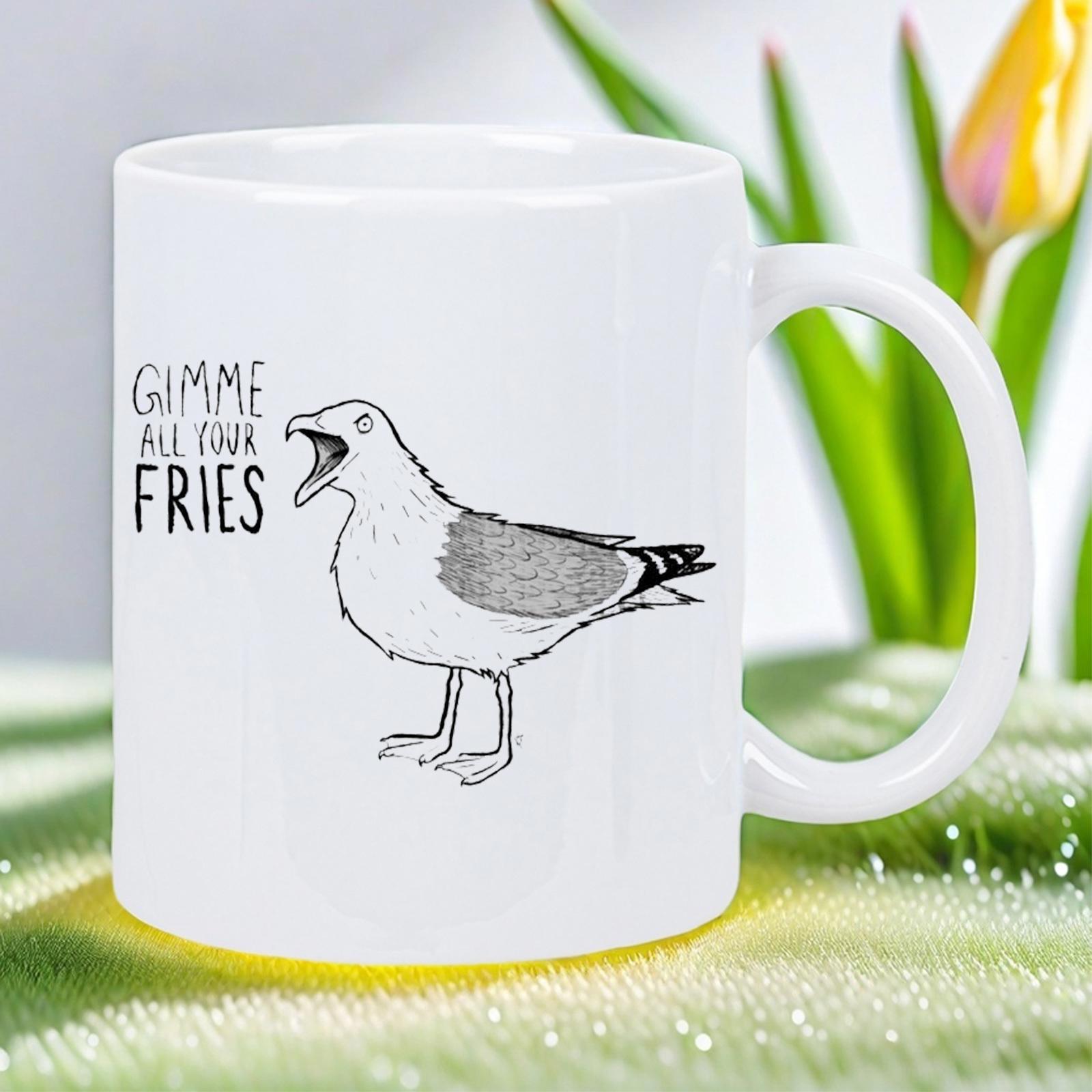 Tailorly White Ceramic 11 oz Mug - Gimme All Your Fries Humorous Hand Drawn Sketch Of A Hungry Coastal Bird Squawking For Food Seagull