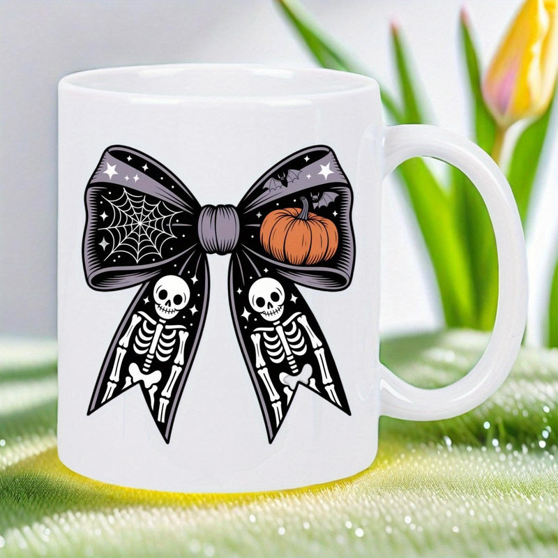 Tailorly White Ceramic 11 oz Mug - Spooky Halloween Elements Including Skeletons And Pumpkin Decorated Within Festive Bow