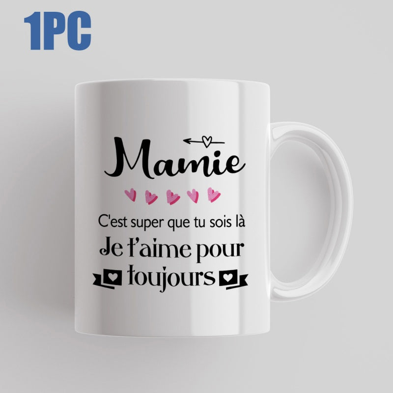 Tailorly White Ceramic 11 oz Mug - Elegant Cursive Script With Small Pink Hearts And Decorative Banner Ornament Hearts