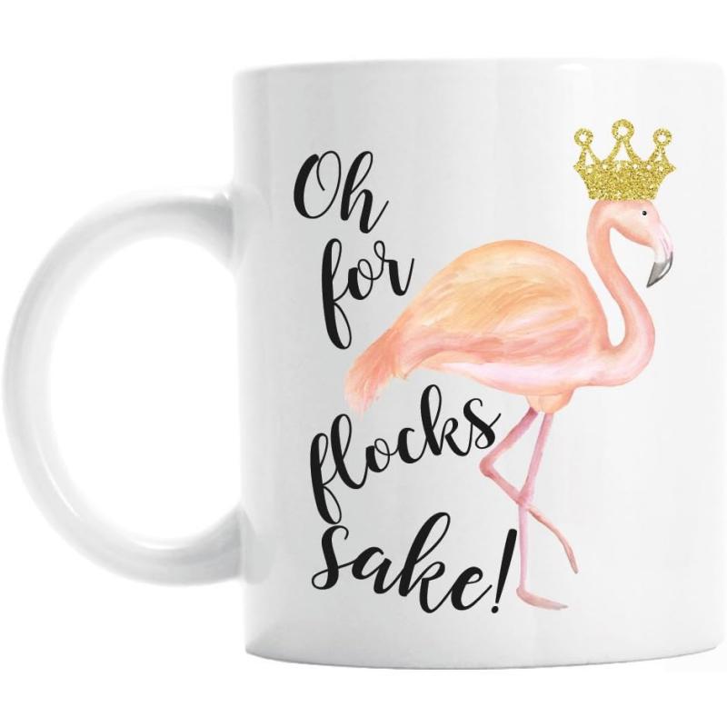 Tailorly White Ceramic 11 oz Mug - Oh For Flocks Sake Elegant Pink Watercolor Bird Wearing A Golden Crown Standing Gracefully Flamingo