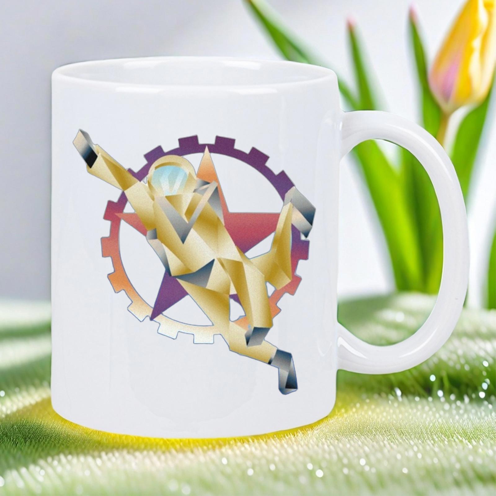 Tailorly White Ceramic 11 oz Mug - Polygonal Golden Figure Floating In Front Of Star And Gear Astronaut
