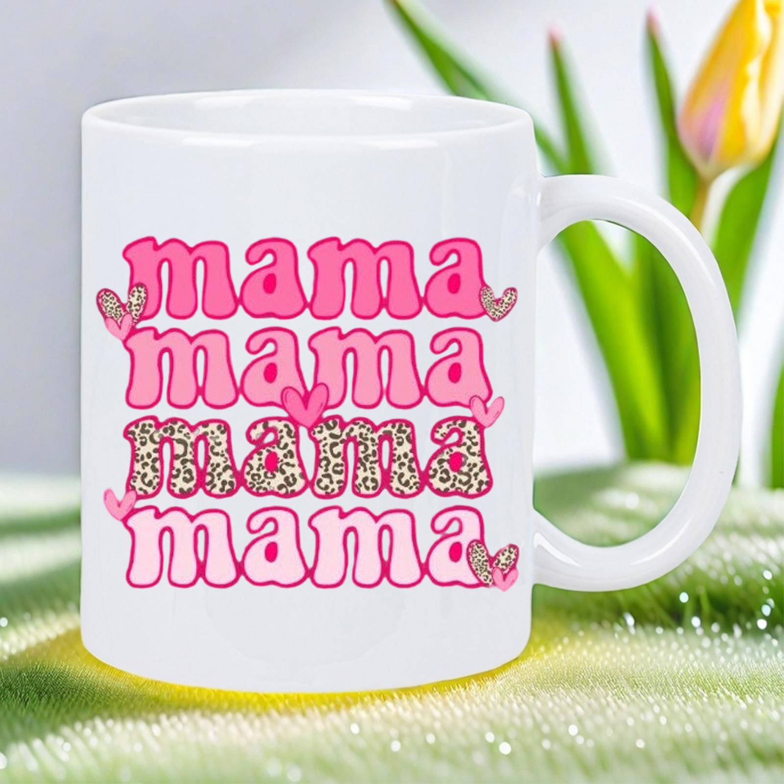 Tailorly White Ceramic 11 oz Mug - Mama Retro Groovy Pink Letters With Leopard Print And Hearts Mama