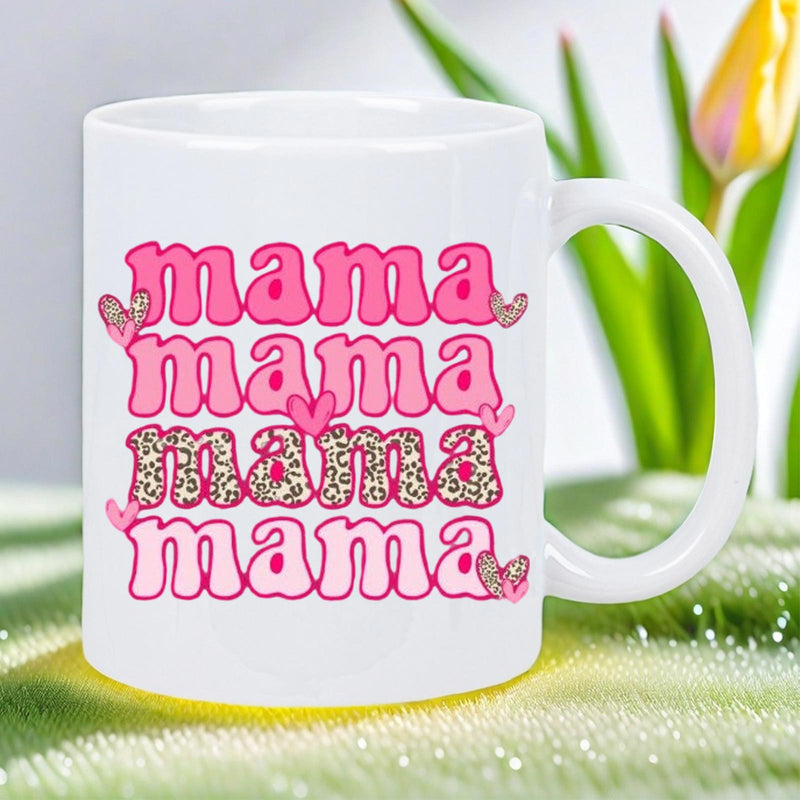 Tailorly White Ceramic 11 oz Mug - Mama Retro Groovy Pink Letters With Leopard Print And Hearts Mama