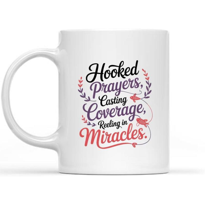 Tailorly White Ceramic 11 oz Mug - Hooked Prayers Casting Coverage Reeling In Miracles Elegant Script Typography Surrounded By Fishing Hooks And Laurel Leaves