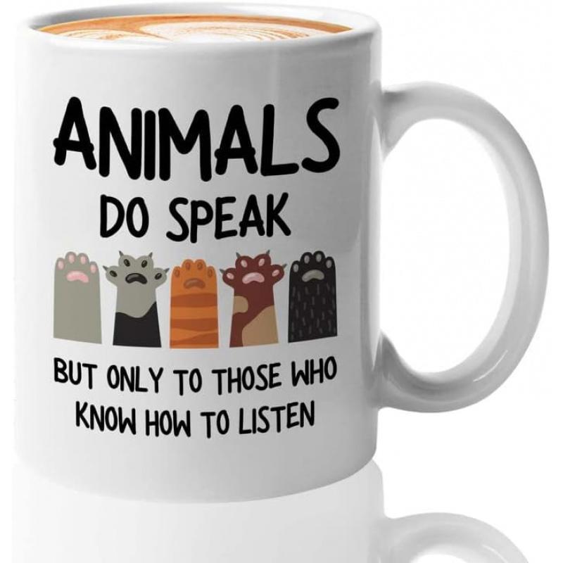 Tailorly White Ceramic 11 oz Mug - Animals Do Speak But Only To Those Who Know How To Listen Five Diverse Feline Paws With Different Fur Patterns Paws